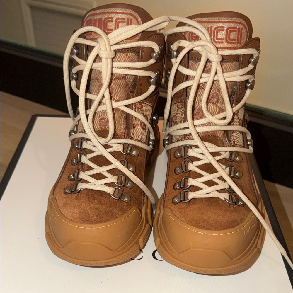 Gucci Tan Brown & Cream Monogram Hiking Boots